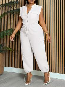Slaydiva Plus Size Women's Elegant & Commute & Daily Solid Yellow Sleeveless Collar Open Front Drawstring Waist Jumpsuit With Pockets, Adjustable Ankle Hem, Spring/Summer - White - View 6