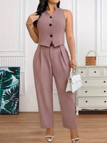 SHEIN LUNE Plus Size Women Minimalist Sleeveless Vest & Blazer Suit Outfit