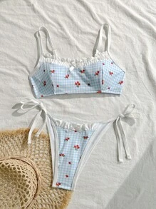 Swim Mod Ensemble de bikini sexy avec liens pour femmes, imprimé carreaux cerises pour l'été et la plage - Multicolore - Voir 4
