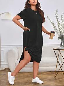 SHEIN Essnce Plus Solid Split Thigh Tee Dress - Black - View 4