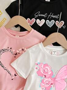 SHEIN ModeFlare Wear 年轻女孩 3 件套夏季休闲粉色蝴蝶、豹纹和心形印花卡通图案 T 恤，适合夏季