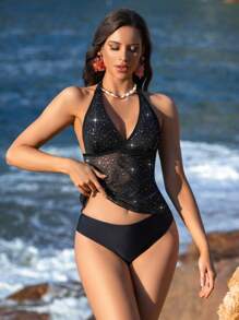 SHEIN Swim 女士半透明亮片网眼点缀吊带上衣和下装比基尼套装，海滩度假派对泳装，适合夏季度假