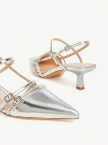 CUCCOO CHICEST Silver Color Retro Buckle Closure Pointed Toe Stiletto Heels, Elegant Ankle Strap Mid-Heel Pumps For Women