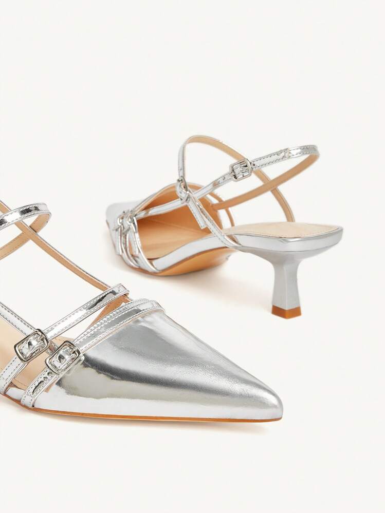 CUCCOO CHICEST 银色复古扣合尖头细高跟鞋，优雅踝带中跟女式高跟鞋 - 銀色 - 查看 10