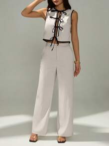 SHEIN PETITE 2pcs/Set Women Contrast Binding Knotted Sleeveless Top And Pocket Decorated Long Pants,Business Casual Woman,Summer Sets - Apricot - View 6