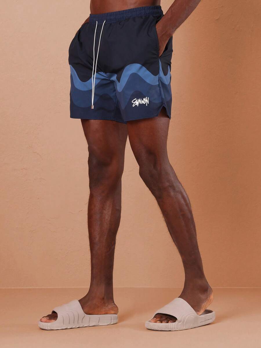 SUMWON Quần short nylon in họa tiết lượn sóng - Màu xanh hải quân - Xem 1