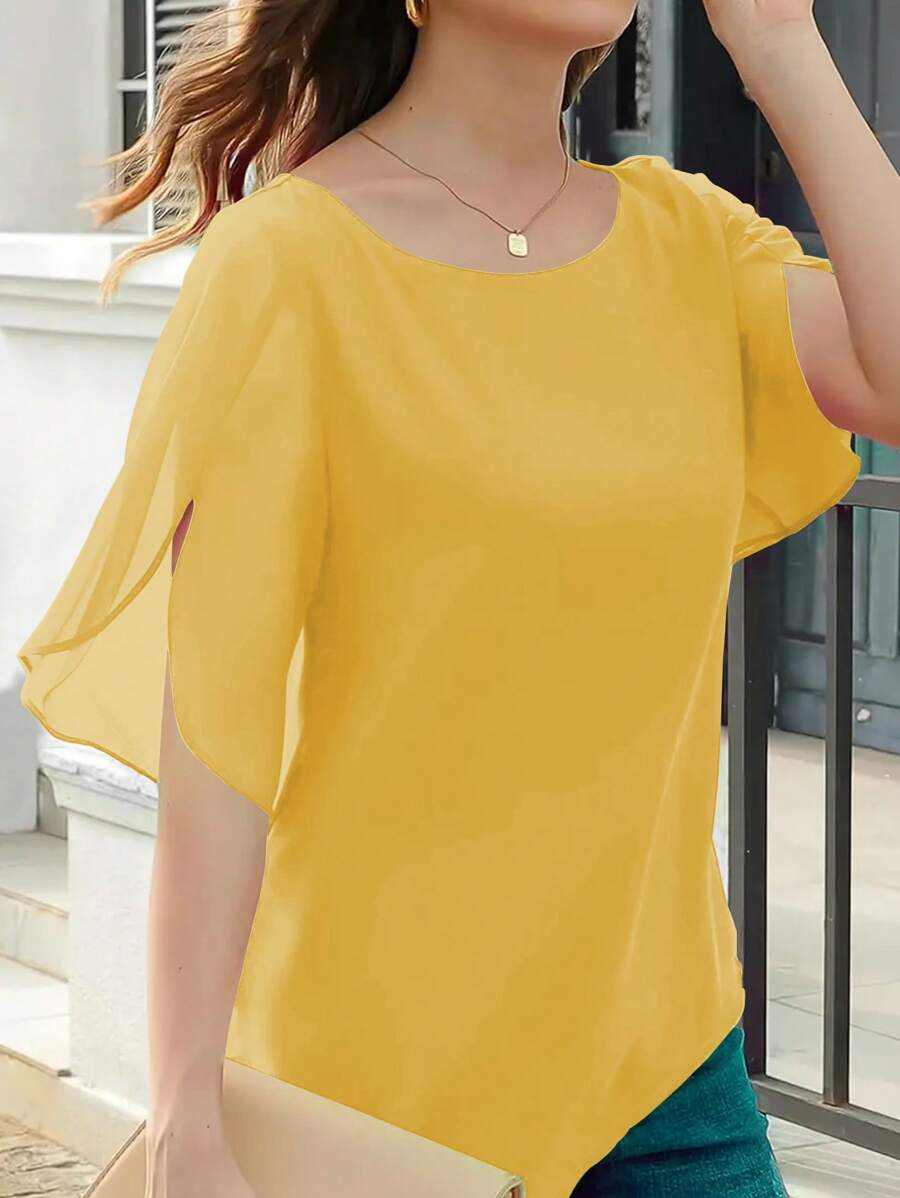 INAWLY Áo cánh hoa cổ tròn màu trơn đơn giản cho nữ mùa hè - Màu vàng - Xem 1