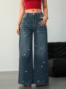 SHEIN Tall 女士低腰宽松亮片演唱会牛仔裤 - 深色水洗藍 - 查看 8