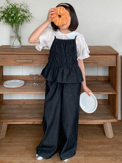 2pcs Tween Girl Denim Bib Overalls + Wide Leg Jeans Set, Summer,Back To School Clothes Vacation