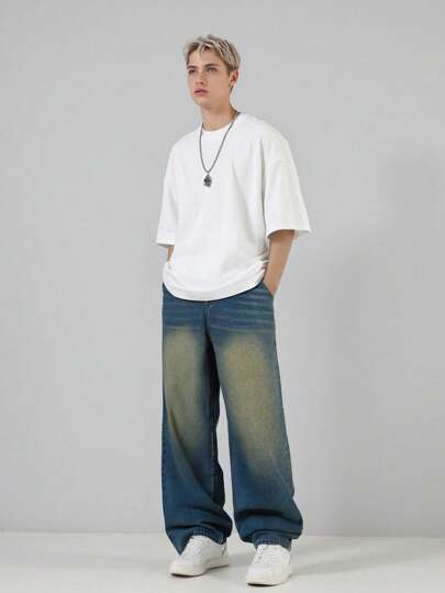 Teenage (Boys) New Casual Fashionable Retro Vintage Washed Straight Leg Jeans