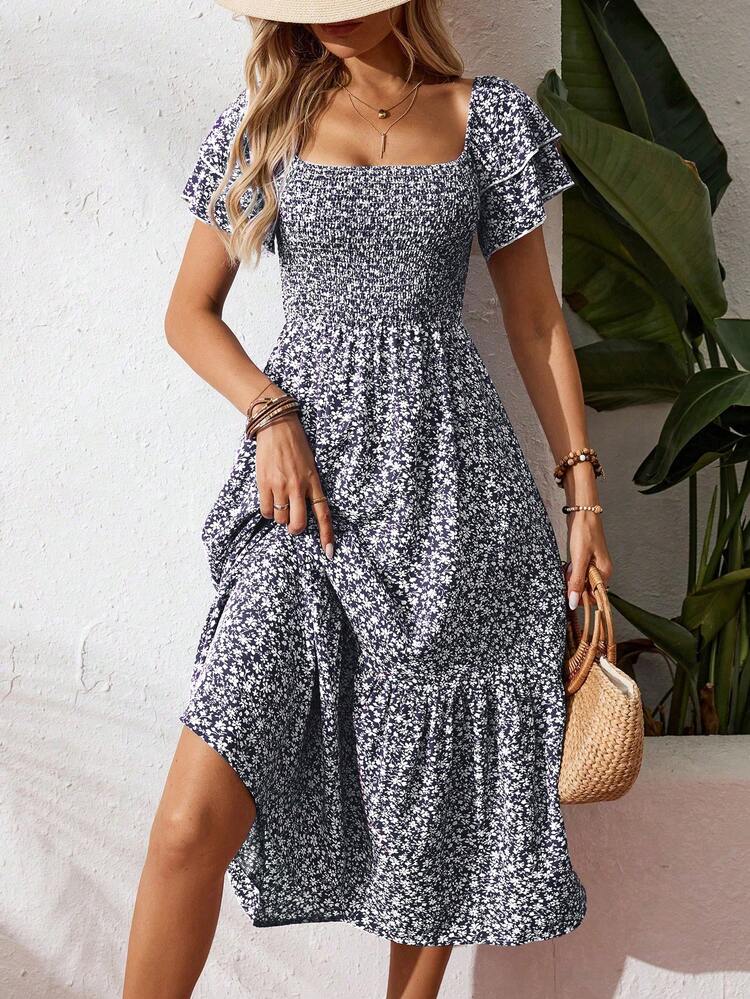 Breezaya Đầm Maxi Cổ Vuông In Hoa Đơn Giản Mùa Hè Tay Ngắn Cho Nữ Đi Biển Kỳ Nghỉ - Màu xanh hải quân - Xem 4