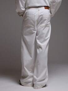 Musero Wide Leg Contrast Stitch Jeans Bottom Only - White - View 4