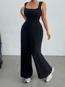 POPSWAY Plus Size Spring/Summer Women's Solid Color Elegant Loose Casual Off The Shoulder Sleeveless Sports Academy Simple Casual Square Neck Wide Leg Jumpsuit