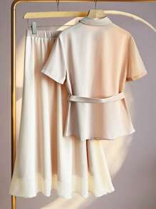 Franclia Women Elegant Fashion Turndown Collar Short Sleeve Shirt And Cinched Waist A-Line Skirt 2 Pieces Set, Versatile For Daily Wear - Apricot - View 2