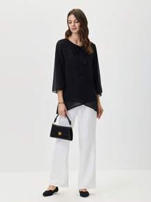 Miaspire Women's Solid Color V-Neck Batwing Sleeve Simple Blouse, For Casual Daily Wear - Black - View 3