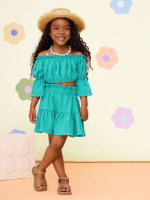 Conjunto de 2 piezas para niña joven con top de hombros descubiertos de manga abullonada y falda mini en color sólido