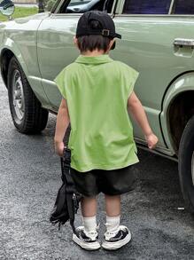 SHEIN 2pcs Young Boy Casual Wide Strap Turn-Down Collar Polo Shirt And Work Shorts, Comfortable And Versatile For Spring And Summer, Suitable For Daily Wear, School And Outdoor Play Ootd Kids Boyboy Clothes Summer