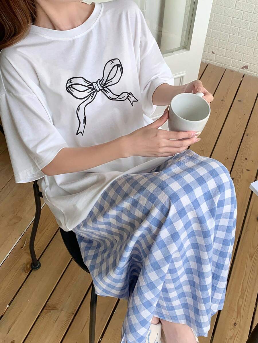DAZY 2pcs Bow Printed Loose Short Sleeve Plaid Shorts Set, Women Summer Pajamas - White - View 1