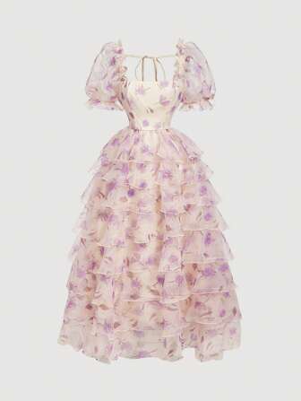 SHEIN MOD Damen-Kleid mit Puffärmeln aus Organza, Abschlussfeier, romantisch, Frühling, tropisch, elegant, Urlaub, Party, fließend, für Hochzeitsgäste, Teeparty, bescheiden, Abschlussball, Junggesellinnenabschied, geblümt, Club-Outfits, Damenkleid, Sommerkleid