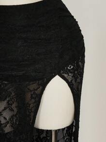 SHEIN ICON Plus Size Lace Ruched High Slit Skirt, Suitable For Music Festival And Party - Black - View 8