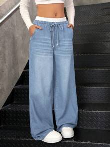 SHEIN 青少年女孩 Y2K 秋季蓝白休闲条纹宽松阔腿牛仔裤，撞色腰带，二合一设计 - 淺色水洗藍 - 查看 7