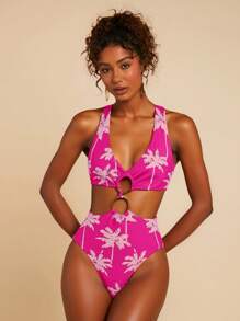 Travachic One-Piece Backless Palm Tree Print Women's Vacation Beach Swimsuit - Multicolor - View 3