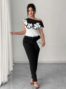 Elenzga Plus Size Asymmetric Collar Elegant Short Sleeve Printed Shirt