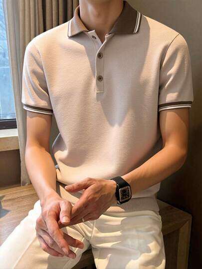 Manfinity Homme Men's Casual Colorblock Patchwork Short Sleeve Knit Sweater Men Summer Polo Shirts