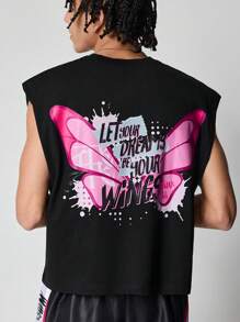 ROMWE MEN Winx Club X ROMWE Men's Letter & Butterfly Print Tank Top - Black - View 1
