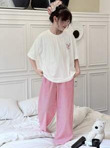 Dazy Kids 青少年女孩休闲圆领字母印花短袖 T 恤 + 格子梭织裤家居服套装，春夏季，返校服装 - 白色 - 查看 7