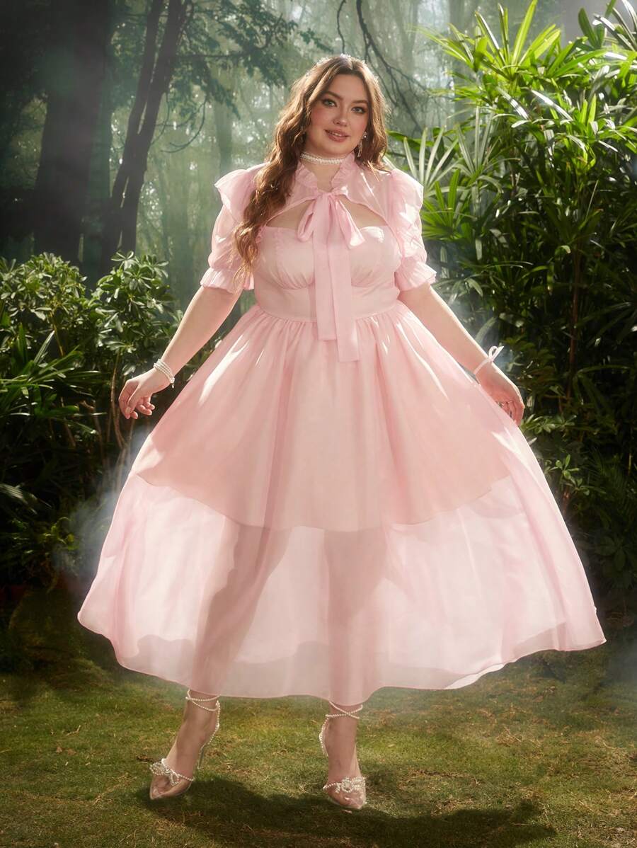 Lyrianda Plus Size Elegant Summer New Arrival French Style Pink Sweet Elegant Embossed Glossy 2 In 1 Collar Bowknot Puff Sleeve Dress, Big Swing Mini Party Dress