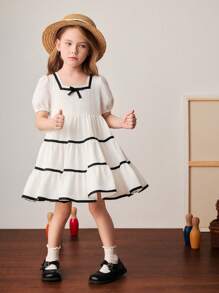 PrepCrw Vestido branco estilo universitário com acabamento em cor contrastante e corte A para meninas, primavera/verão - Branco - Ver 7