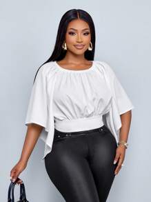 SOLERSUN 大码女式春夏纯色宽松后开衩系带短款度假衬衫、宽松上衣、度假上衣 - 白色 - 查看 5