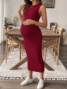 SHEIN Maternity Solid Color Round Neck Side Slit Sleeveless Bodycon Cami Dress - Red - View 1