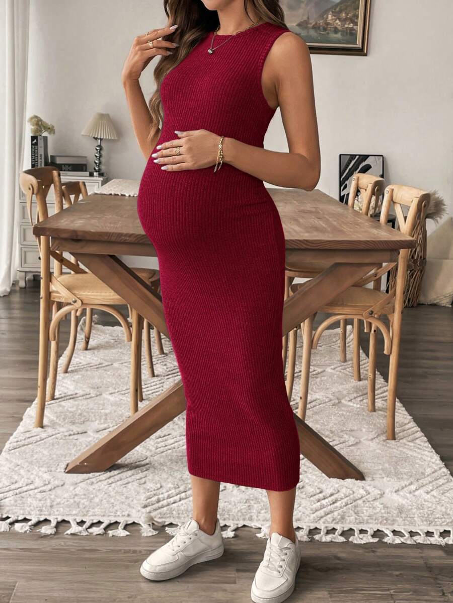 SHEIN Maternity Solid Color Round Neck Side Slit Sleeveless Bodycon Cami Dress - Red - View 1