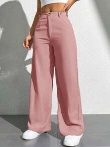 SHEIN PETITE Women's Casual Solid Color Straight Leg Pants - Dusty Pink - View 1