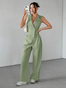 SHEIN PETITE Two Pieces Fall Outfits 2pcs/Set Women Solid Color Sleeveless Top And Pants Fall Clothes - Green - View 7
