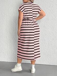SHEIN CURVE+ Plus Size Casual Round Neck Striped Dress - Multicolor - View 2