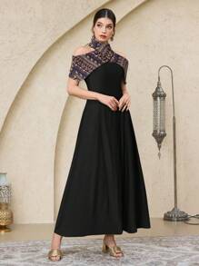 Al Najma Women's Elegant Contrast Color Off Shoulder A-Line Dress, Summer - Black - View 5