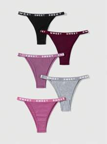 ROMWE 5pcs/Set Women Basic Comfortable Ribbed Letter "Cheeky" Briefs - Multicolor - View 1