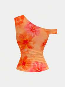 SHEIN MOD Damen Bluse mit asymmetrischen Volants und Druckverzierung, figurbetont