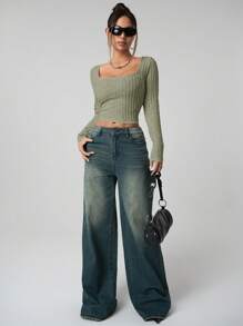 SHEIN ICON 女士纯色长袖简约罗纹休闲 Y2K 方领假日雪地女士米色舒适上衣，日常穿着 - 軍綠色 - 查看 5