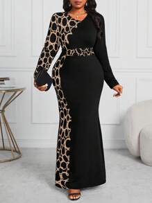 Fleurora Plus Size Women's Business Professional And Contrast Geometric Pattern Waist Fishtail Dress