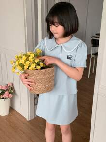 DAZY 2pcs Tween Girl Doll Face Knitted Printed Short Sleeve T-Shirt + Knit Skirt Set, Summer,Back To School Clothes - Blue - View 4