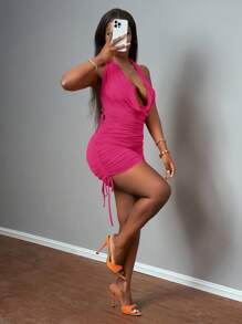 Slaydiva Neues Frühlings- und Sommerkleid für sexy Gelegenheiten, mit Schwingendem Kragen, ärmelloser Träger, Ziehbändern an beiden Seiten, figurbetonter orangefarbener gestrickter Mini-Damenkleider-G - Heißes Pink - Übersicht 6