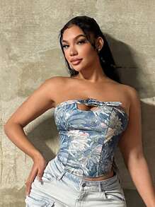 SHEIN SXY Women's Floral Print Adjustable Bandeau Top, Fashionable For Vacation,Corset Tops,Tube Tops,Summer,Sexy,Club Outfits Women Sexy,Gyaru,Streetwear Women,Summer,Y2K - Blue and White - View 5