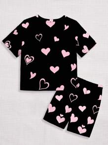 SHEIN Leap Crew 可愛女孩，青少年休閒簡約貓與心印花卡通短袖T恤和長褲2件套家居服，適用於春夏緊身/修身款式 - 黑色 - 查看 2