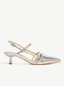 CUCCOO CHICEST Silver Color Retro Buckle Closure Pointed Toe Stiletto Heels, Elegant Ankle Strap Mid-Heel Pumps For Women