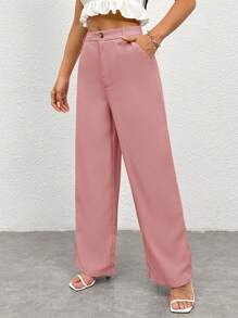 SHEIN PETITE Women's Casual Solid Color Straight Leg Pants - Dusty Pink - View 3