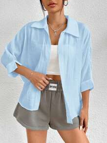 SHEIN PETITE Áo sơ mi trắng tay cánh dơi trơn màu trắng mùa xuân - Màu xanh nhạt - Xem 5